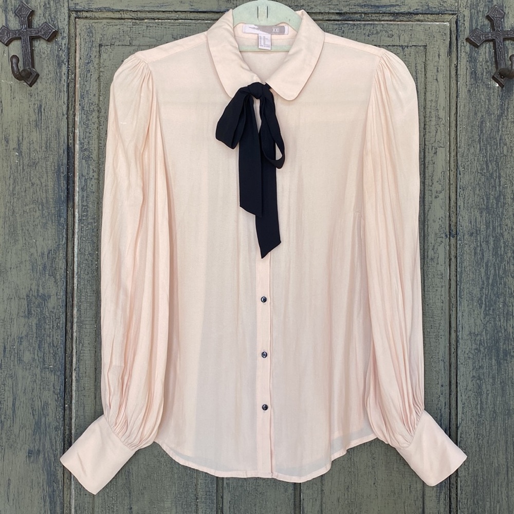 Peachy Pink Sheer Blouse with Black Neck Tie and Details